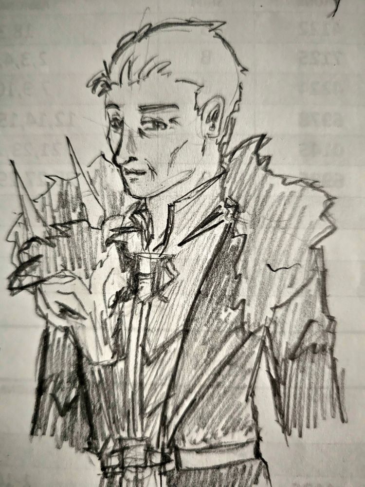 Trant Heidelstam in a high collared outfit with a coat and a fur stole of some horned creature 