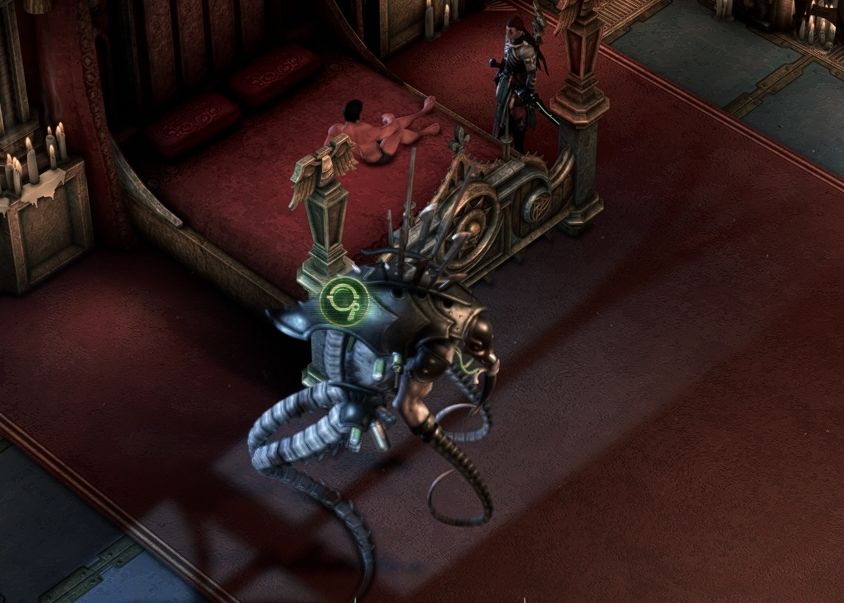 A screenshot from the game WH40K Rogue Trader that shows a mostly-nude Heinrix sitting in the Rogue Trader's bed with Helix, my Rogue Trader, standing nearby. A Drukhari pain engine hovers cutely in the foreground.