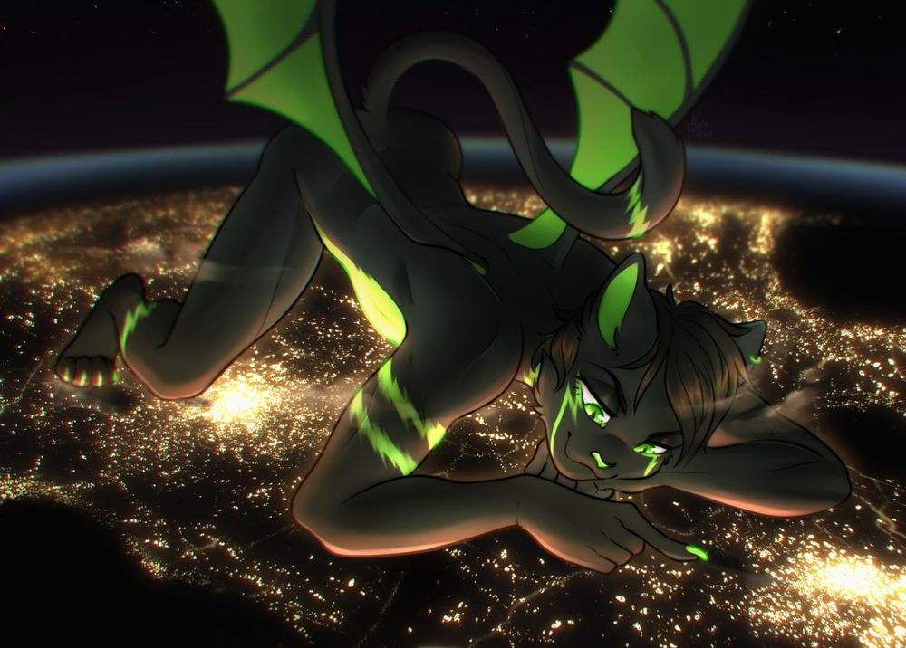 A green and black cat/bat hybrid kneels on all fours over a city at night. He drags his fingers through the twinkling lights, a dark crevice marking where untold numbers once resided.