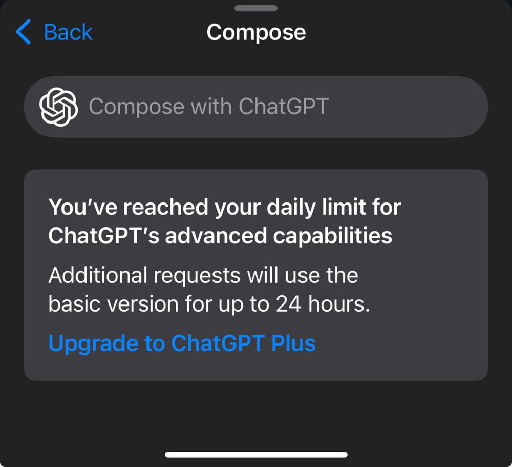 Spammy ad inside my operating system trying to upsell me to ChatGPT Plus because I’ve apparently used my daily limit already. Even though I haven’t used it at all. 