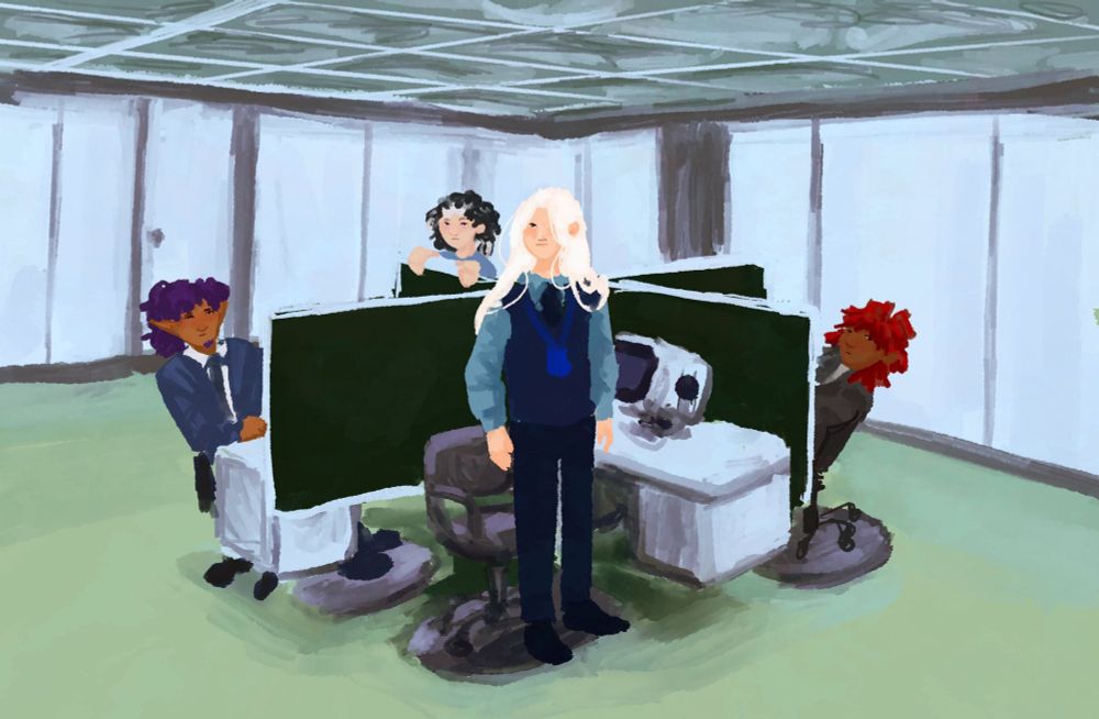 The prime defenders in the macro data refinement office from severance. Ashe as Irving, vyncent as Mark, William as helly and Dakota as dilan. Ashe is standing in the center Dakota and vyncent are leaning to look at the camera and William is standing to look over the boards separating their desks. 