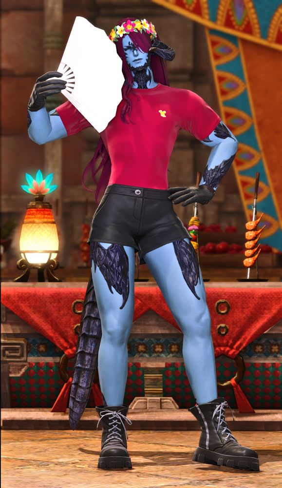 FFXIV GPose screenshot of an Au Ra dancing in a marketplace with a fan.