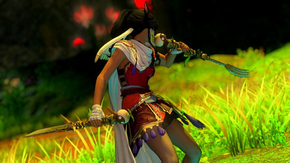 FFXIV GPose screenshot of a Miqo'te player character facing away from the camera, holding up a pair of daggers in a fighting stance. The daggers are shaped like a dining fork and knife, with mandragora heads on the pommels.