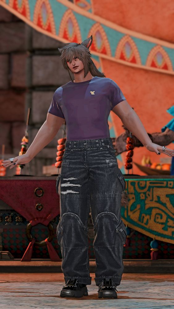 FFXIV GPose screenshot of a Miqo'te dancing in a marketplace.