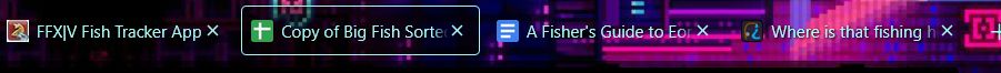 Screenshot of Firefox tabs. The tabs read: "FFXIV Fish Tracker App," "Copy of Big Fish Sorted," "A Fisher's Guide to Eorzea," and "Where Is That Fishing Hole?"