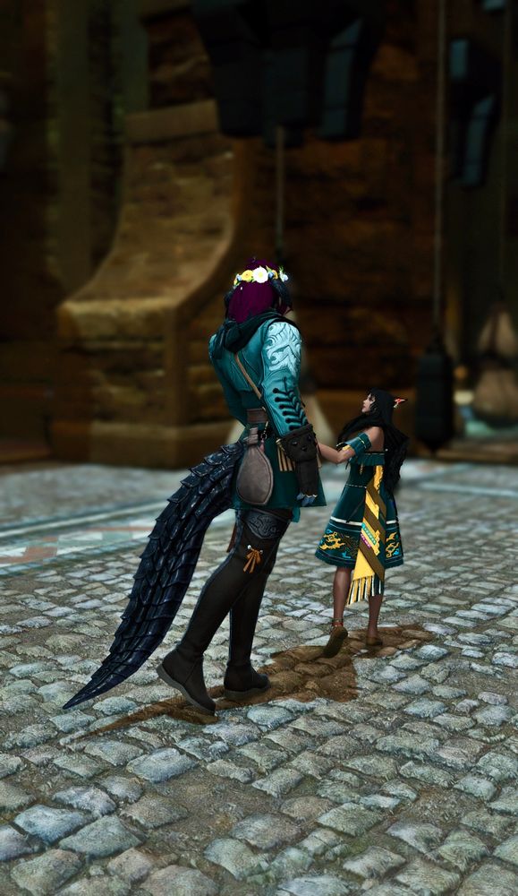 FFXIV GPose screenshot of two characters, an au ra and a miqo’te, walking down a city street at night. Their backs are to the camera, but the miqo’te’s face is partially visible as she’s looking up at him and leading him by the hand.