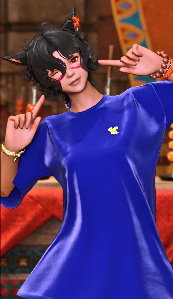 FFXIV GPose screenshot of a Miqo'te dancing in a brightly lit marketplace.