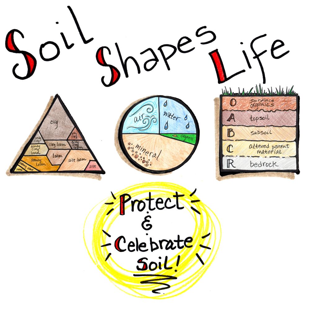 Headline: Soil Shapes Life, with an image of the Soil texture triangle, a circle of a Soil particle, and a square showing the Soil profile/horizon diagram. Protect and celebrate soil.
