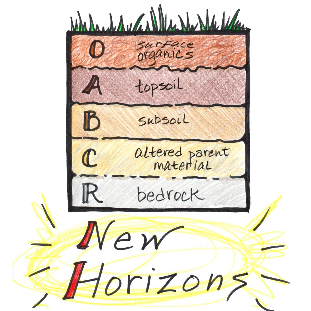The words New Horizons lettered under an image of the Soil profile/horizon diagram.