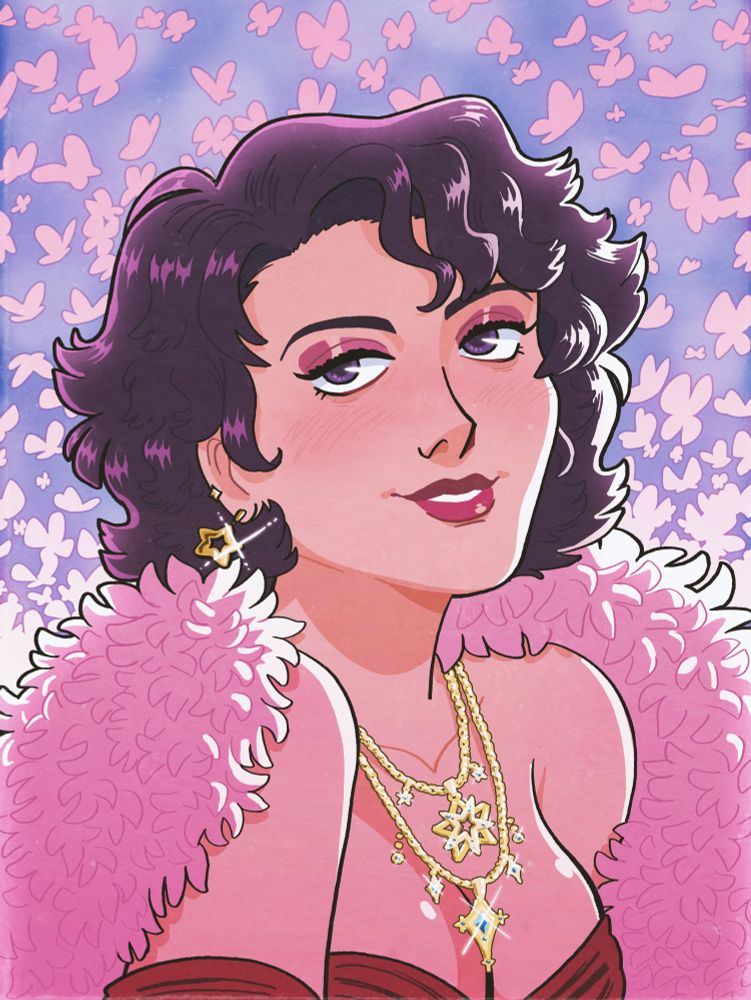 A digital bust illustration of a woman wearing a red dress and a pink feather boa, along with a sparkly gold and diamond necklace. A sea of pink butterflies fly out behind her and fill the background. It is framed like a magazine cover :) Happy Valentines day!