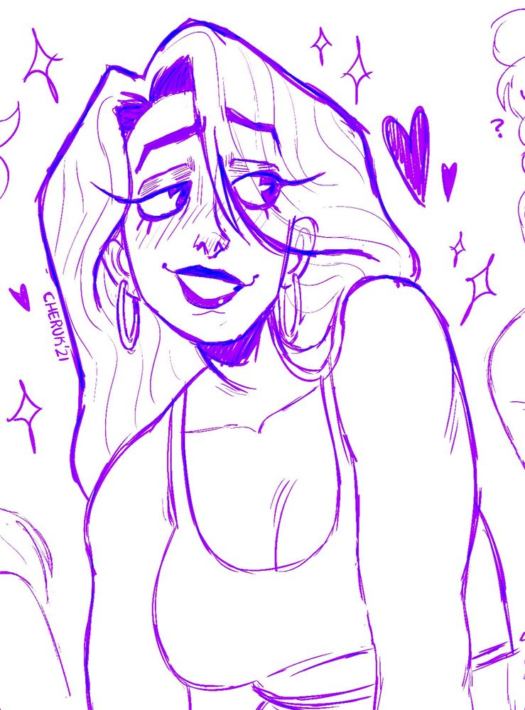 Digital sketch of a woman (an OC from my comic) with long hair and hoop earrings. The style is cartoony and the lines are purple