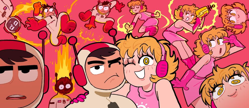 Spread of illustrated Spice Cadet and SunShot poses from my comic "Spice Cadet"