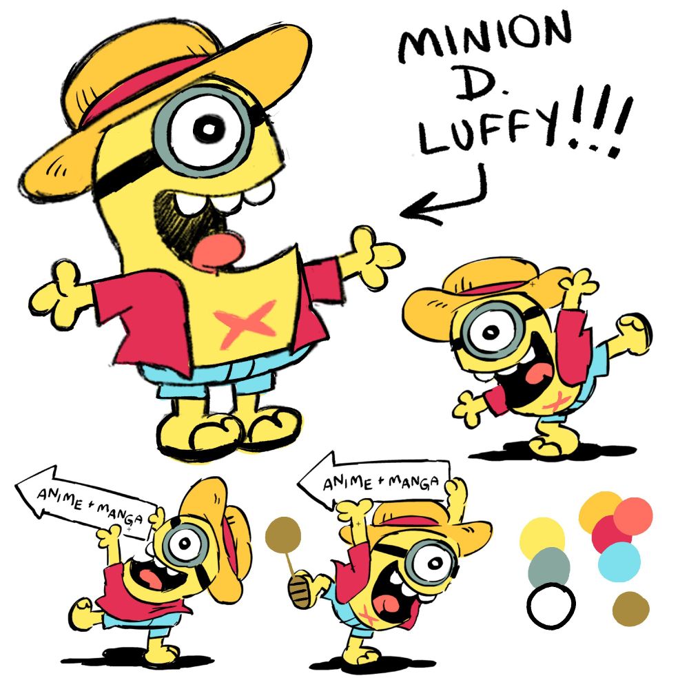 A digital colored character reference sheet for a minion mascot, styled after Monkey D. Luffy from One Piece. The style is very cartoony