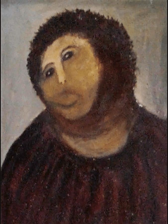 A medieval painting of Jesus, lovingly restored by an elderly woman unfamiliar with several of the rudiments of art restoration.