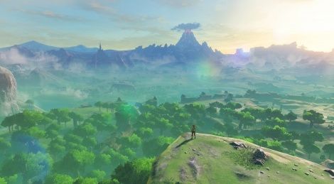 Nintendo's Breath of the Wild with the iconic Link-looking-out-over-Hyrule opening.