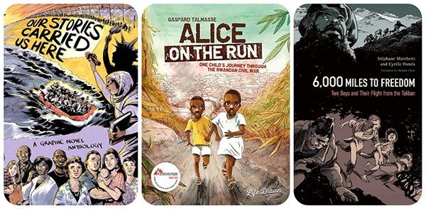 Images of comics covering refugee stories.
