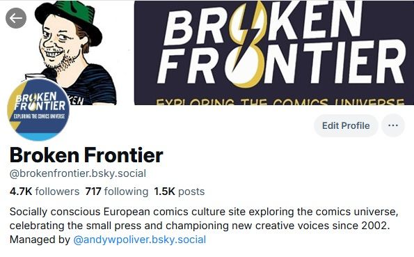 The header of the Broken Frontier Bluesky account including Broken Frontier's follower account. Go on... share this post and help us get to five thousand followers. You know it makes sense!