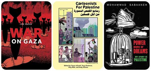 Images of comics covering Palestine and the genocide in Gaza.
