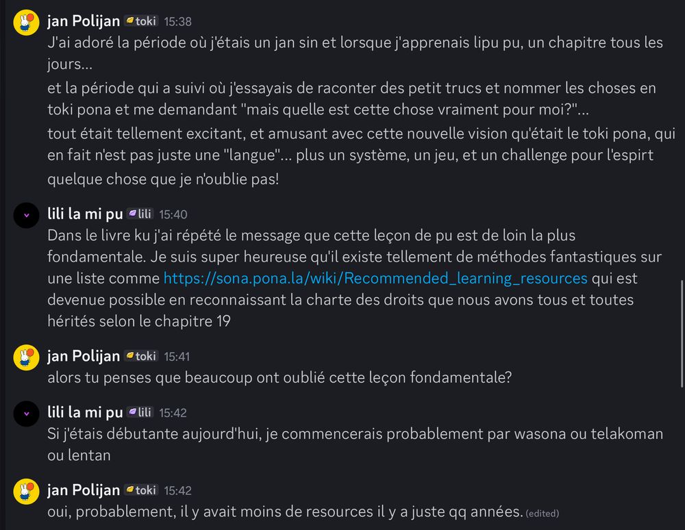 French dialogue reminding us about the only important message in lipu pu, Lesson 19, regarding what we all inherited and what future generations will also inherit, and praising other sources and ways to learn, regardless whether they acknowledge or forget about these community inheritance rights.