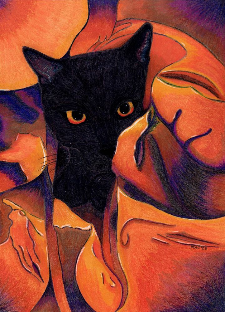 Portrait of a black cat surrounded by waves of orange and purple.