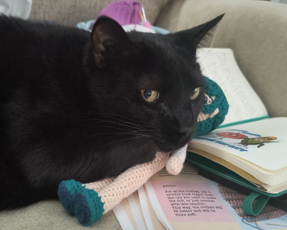 A black cat sleeping on top of a crocheted doll.