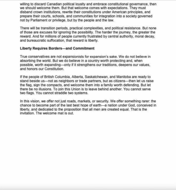 "A Vision For Welcoming Western Canada Into The United States" by state senator Joseph E. Martin of Maine, page 4.
Subsections:
8. Liberty Requires Borders--and Commitment (i.e. once you join, there's no turning back; switching loyalties not only benefits America but allows Western Canadian traitors...umm...separatists to "become part of the last best hope of earth" 🤮)