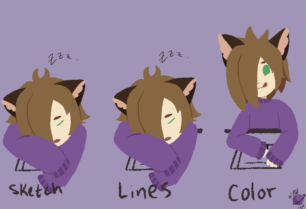 Another version of the same meme as above. Everything is the same, except the sketch and lines sections have the artist drawn instead of missing. They're sleeping with their head on their arms across the drawing pad