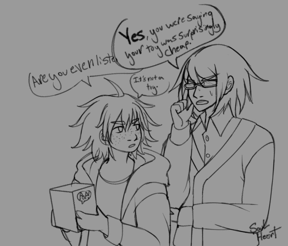 naegi lowers the box and turns to togami, now angry looking and asks "are you even listening?" before getting cut off by togami saying "yes, you were saying your toy was surprisingly cheap." in a much bigger and bolder bubble than naegi's. naegi says "it's not a toy." togami is sweating and pushing up his glasses