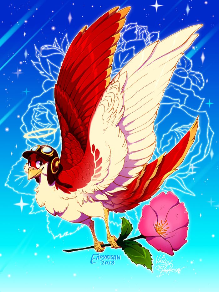 An illustration of a red and white bird with gold tips on their wing and tail feathers. The bird has a simple ring halo about their head, is wearing an aviator cap with blue-lens goggles, and is carrying a single, pink wild rose with their feet. The background is a saturated blue to very light blue gradient with sparkling stars and comet trails, with a glowing outline of roses behind the bird.