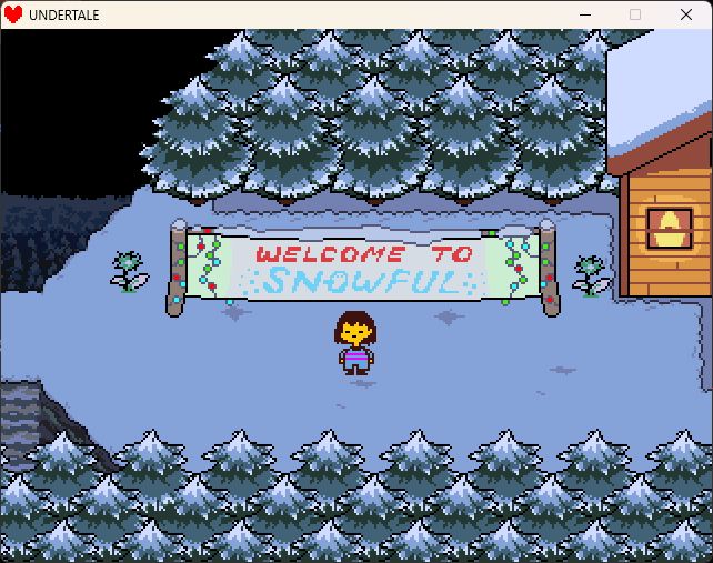 Sign that says "Welcome to Snowful", the name of the town in the english script is Snowdin
