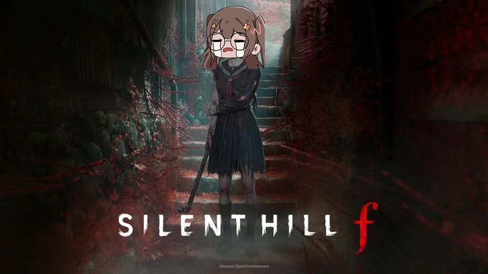 Silent Hill f game cover with chibi crying Moira face pasted over Hinako's. 