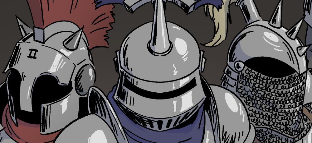 a close-up screenshot of three metal helmets drawn in a western comic book-like style.