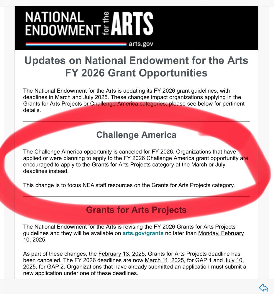 A screenshot of a message from the NEA, describing a cancelled grant opportunity called Challenge America.