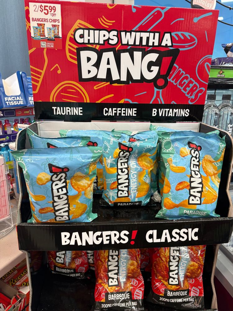 A display of Bangers classic chips with taurine, caffeine, and b vitamins 