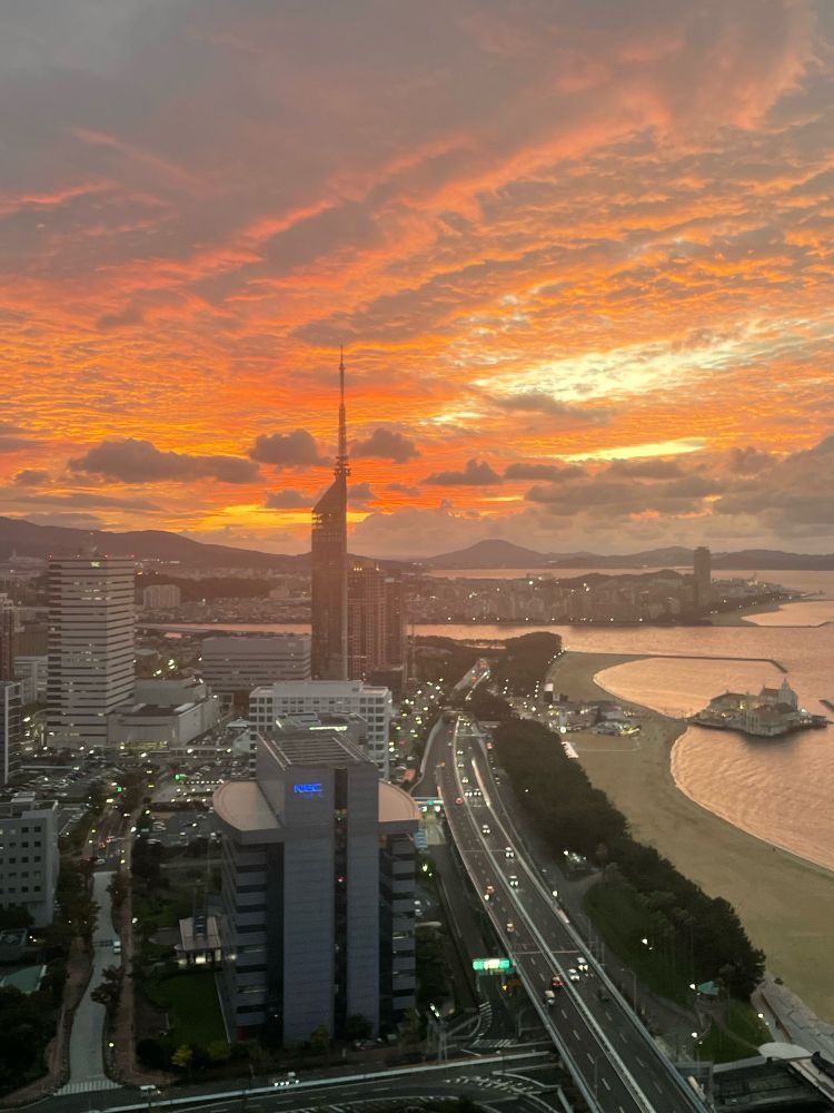 This photo shows a vivid red, navy, yellow and orange sunset framing a shoreline with a beach, a frontage road and tall buildings. The centerpiece is a tall sky needle with observation deck. 