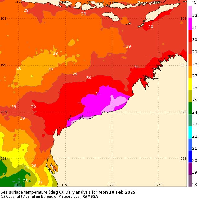 Map showing sea surface temperatures to the north of Western Australia on Monday, February 10.