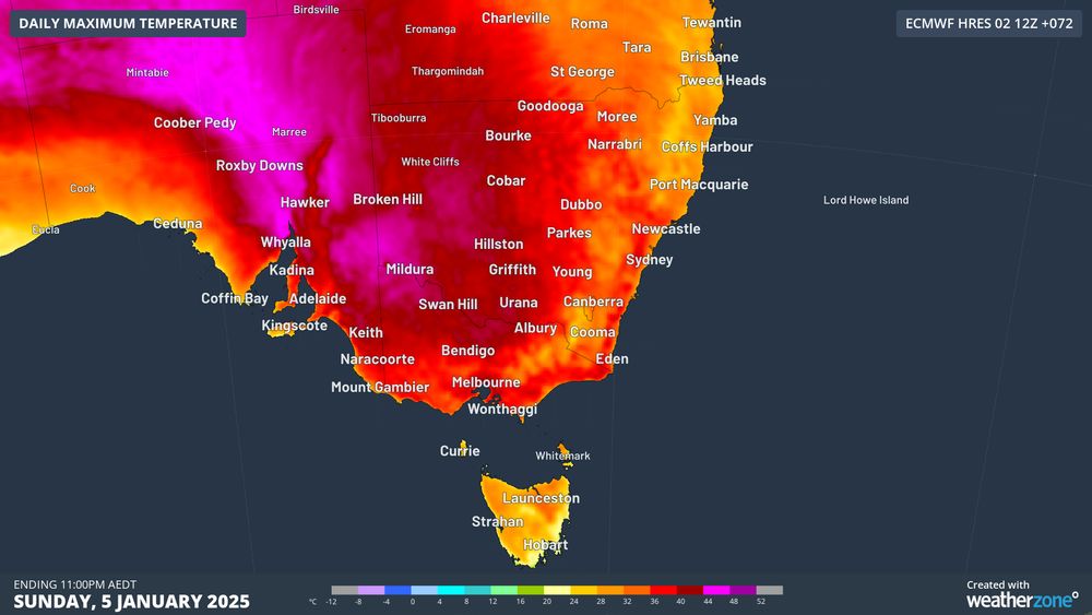 Map showing the forecast maximum temperatures in southeastern Australia on Sunday, January 5.