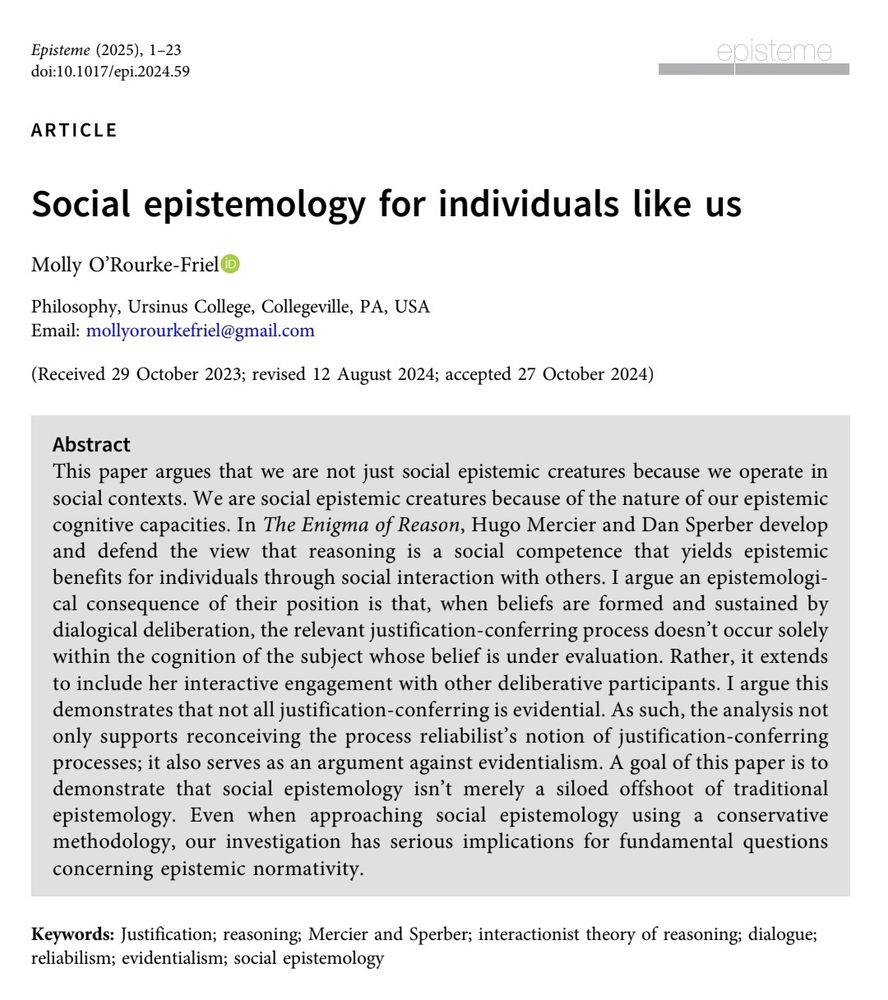 This paper argues that we are not just social epistemic creatures because we operate in social contexts. We are social epistemic creatures because of the nature of our epistemic cognitive capacities. In The Enigma of Reason, Hugo Mercier and Dan Sperber develop and defend the view that reasoning is a social competence that yields epistemic benefits for individuals through social interaction with others. I argue an epistemological consequence of their position is that, when beliefs are formed and sustained by dialogical deliberation, the relevant justification-conferring process doesn’t occur solely within the cognition of the subject whose belief is under evaluation. Rather, it extends to include her interactive engagement with other deliberative participants. I argue this demonstrates that not all justification-conferring is evidential. As such, the analysis not only supports reconceiving the process reliabilist’s notion of justification-conferring processes; it also serves as an argument against evidentialism. A goal of this paper is to demonstrate that social epistemology isn’t merely a siloed offshoot of traditional epistemology. Even when approaching social epistemology using a conservative methodology, our investigation has serious implications for fundamental questions concerning epistemic normativity.