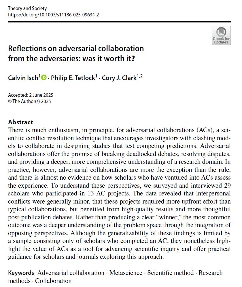 There is much enthusiasm, in principle, for adversarial collaborations (ACs), a scientific conflict resolution technique that encourages investigators with clashing models to collaborate in designing studies that test competing predictions. Adversarial collaborations offer the promise of breaking deadlocked debates, resolving disputes, and providing a deeper, more comprehensive understanding of a research domain. In practice, however, adversarial collaborations are more the exception than the rule, and there is almost no evidence on how scholars who have ventured into ACs assess the experience. To understand these perspectives, we surveyed and interviewed 29 scholars who participated in 13 AC projects. The data revealed that interpersonal conflicts were generally minor, that these projects required more upfront effort than typical collaborations, but benefited from high-quality results and more thoughtful post-publication debates. Rather than producing a clear “winner,” the most common outcome was a deeper understanding of the problem space through the integration of opposing perspectives. Although the generalizability of these findings is limited by a sample consisting only of scholars who completed an AC, they nonetheless highlight the value of ACs as a tool for advancing scientific inquiry and offer practical guidance for scholars and journals exploring this approach.