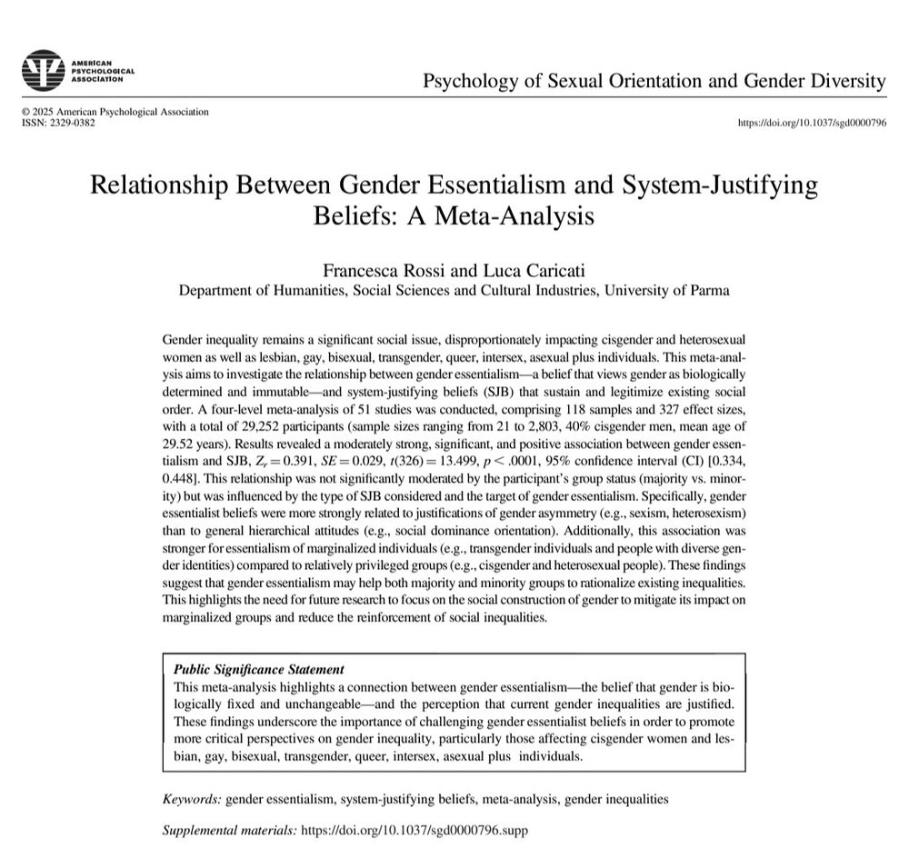 Gender inequality remains a significant social issue, disproportionately impacting cisgender and heterosexual women as well as lesbian, gay, bisexual, transgender, queer, intersex, asexual plus individuals. This meta-analysis aims to investigate the relationship between gender essentialism—a belief that views gender as biologically determined and immutable—and system-justifying beliefs (SJB) that sustain and legitimize existing social order. A four-level meta-analysis of 51 studies was conducted, comprising 118 samples and 327 effect sizes, with a total of 29,252 participants (sample sizes ranging from 21 to 2,803, 40% cisgender men, mean age of 29.52 years). Results revealed a moderately strong, significant, and positive association between gender essentialism and SJB, Zr = 0.391, SE = 0.029, t(326) = 13.499, p < .0001, 95% confidence interval (CI) [0.334, 0.448]. This relationship was not significantly moderated by the participant’s group status (majority vs. minority) but was influenced by the type of SJB considered and the target of gender essentialism. Specifically, gender essentialist beliefs were more strongly related to justifications of gender asymmetry (e.g., sexism, heterosexism) than to general hierarchical attitudes (e.g., social dominance orientation). Additionally, this association was stronger for essentialism of marginalized individuals (e.g., transgender individuals and people with diverse gender identities) compared to relatively privileged groups (e.g., cisgender and heterosexual people). These findings suggest that gender essentialism may help both majority and minority groups to rationalize existing inequalities. This highlights the need for future research to focus on the social construction of gender to mitigate its impact on marginalized groups and reduce the reinforcement of social inequalities
