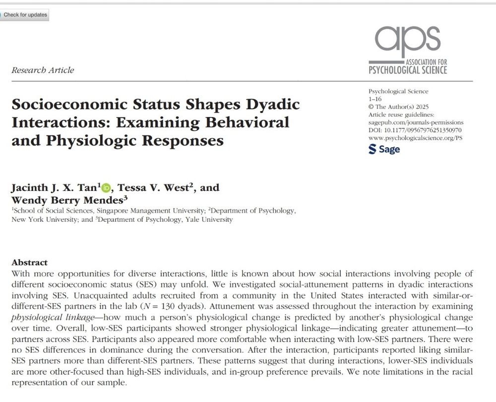 With more opportunities for diverse interactions, little is known about how social interactions involving people of different socioeconomic status (SES) may unfold. We investigated social-attunement patterns in dyadic interactions involving SES. Unacquainted adults recruited from a community in the United States interacted with similar-or-different-SES partners in the lab ( N = 130 dyads). Attunement was assessed throughout the interaction by examining physiological linkage —how much a person’s physiological change is predicted by another’s physiological change over time. Overall, low-SES participants showed stronger physiological linkage—indicating greater attunement—to partners across SES. Participants also appeared more comfortable when interacting with low-SES partners. There were no SES differences in dominance during the conversation. After the interaction, participants reported liking similar-SES partners more than different-SES partners. These patterns suggest that during interactions, lower-SES individuals are more other-focused than high-SES individuals, and in-group preference prevails. We note limitations in the racial representation of our sample.