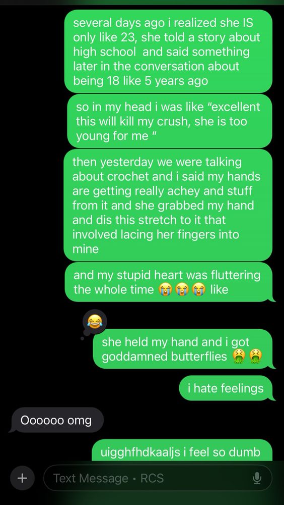 a screenshot of a text exchange between my best friend and i, wherein i describe getting flustered by the girl i like touching my hands.