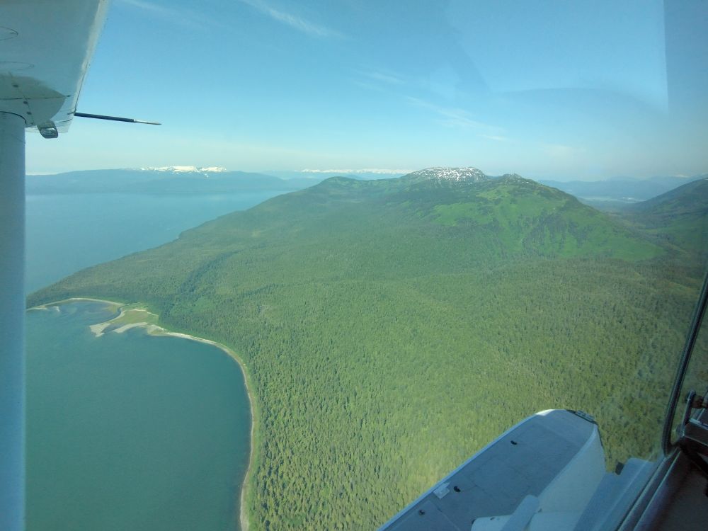 An aerial photo of Douglas Island, Alaska. Hilda bay & Point are to the left, and the peak of Eaglecrest Ski Area is in the upper right.