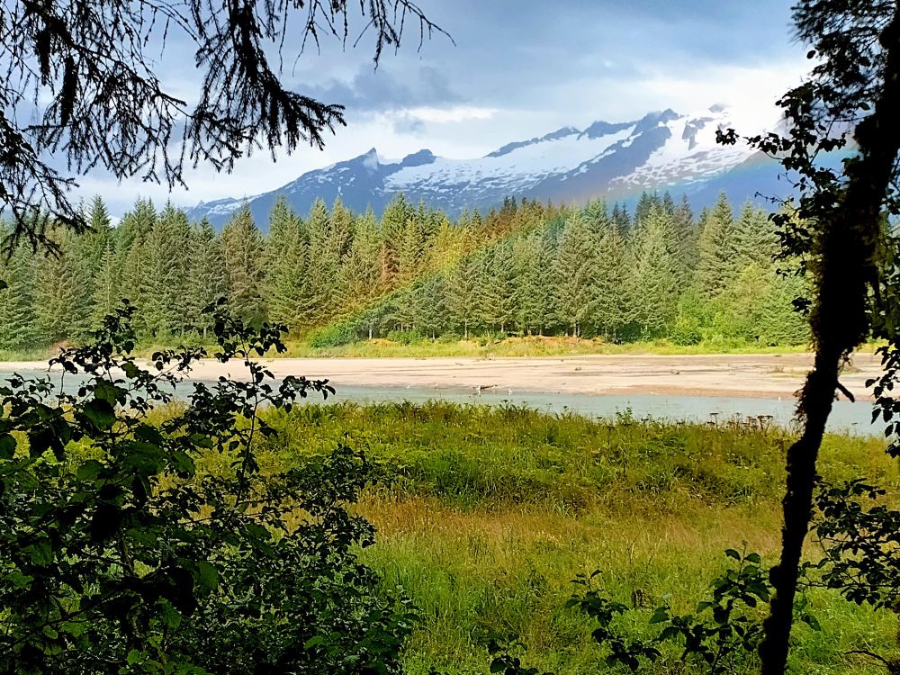 A rainbow over Eagle River in Juneau Alaska, with forest & snow-capped mountains in the background, and grassland & the silhouette of trees in the foreground.