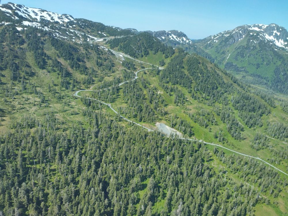 A summertime Arial view of the east side of the Eaglecrest Ski Area.
East Bowl Chutes are in the upper left. The east side gravel road winds down the mountain.