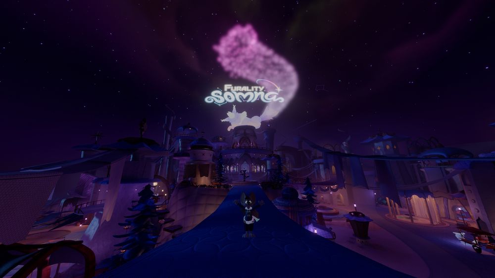 A nighttime, fantastical and otherworldly village setting lit by gentle hues of off-oranges, purples and pinks with an otherworldly creature resting at the top of a modest yet just as wonderous palace with the logo for "Furality Somna" appearing midway between the creature through misty, soft beacons of light. Said creature has a trail that seems partially made from clouds, getting more purpley-pink the further up it goes. On the main bridge to an unseen entrance and the palace is a CG fennec fox (a VRChat avatar used by me) posing with their arms stretched out wide and with their mouth open in joy. This was taken from the Lobby world of Furality Somna, a VR furry convention held annually.