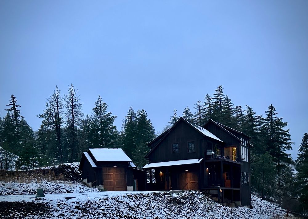 A winter scene showing a home on the Oregon side of the Columbia River Gorge.