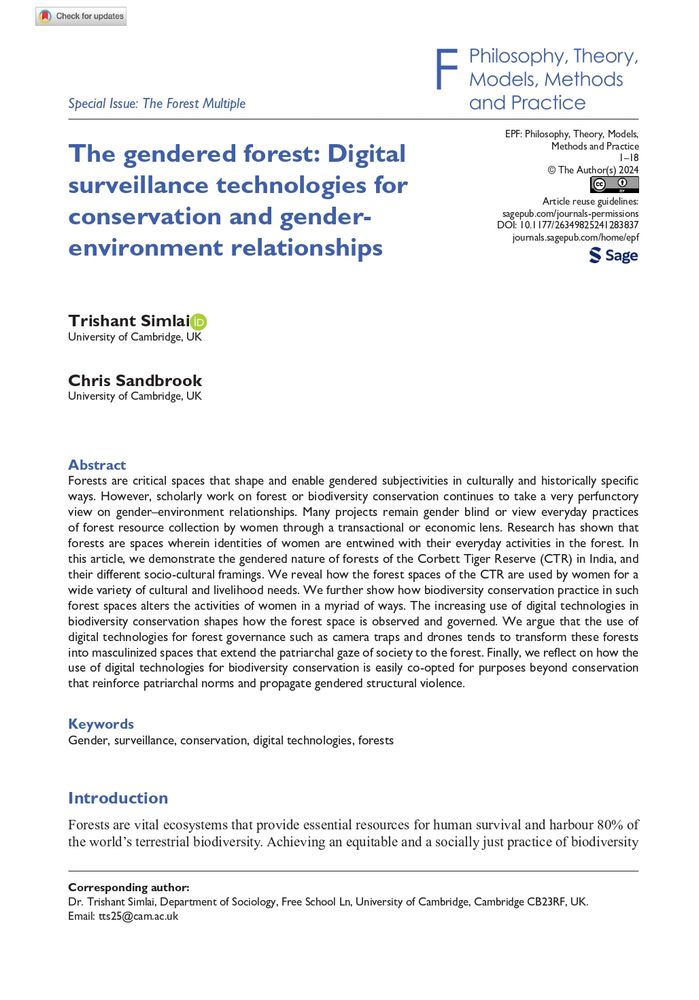 The front page of the article “The gendered forest: Digital surveillance technologies for conservation and gender-environment relationships," from the Special Issue on “The Forest Multiple,” by Trishant Simlai and Chris Sandbrook, published in the Environment and Planning F.
