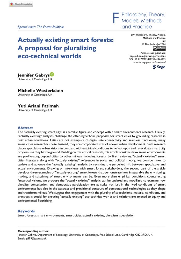 Front page of the article “Actually existing smart forests: A proposal for pluralizing eco-technical worlds,” from the Special Issue on “The Forest Multiple,” by Jennifer Gabrys, Michelle Westerlaken, and Yuti Ariani, published in the Environment and Planning F.