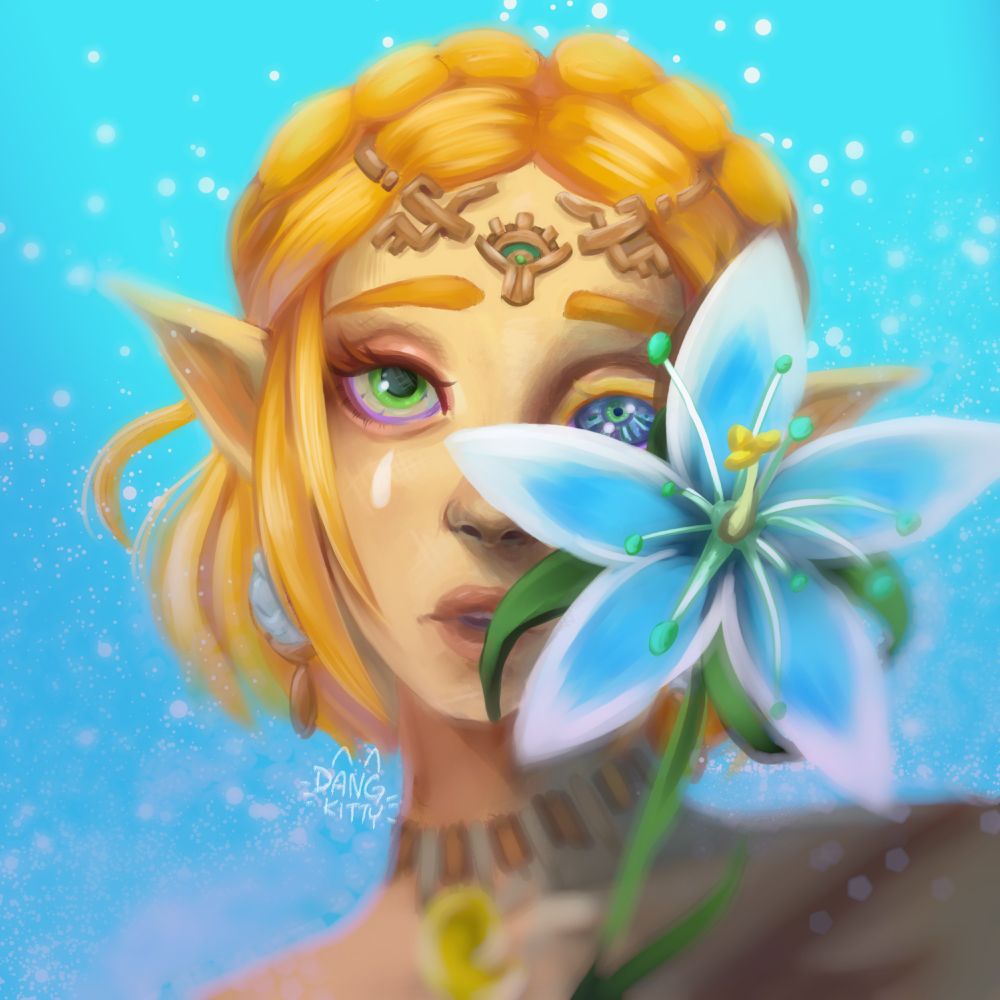a digital painting of princess zelda from tears of the kingdom, depicting how she is portrayed in the dragons tears questline memories. she is holding up a single silent princess flower over her left eye (right to the viewer) which has already transformed into the eye of the dragon of light. Her right eye (left to the viewer) is starting the transformation but has not yet fully transformed. The background is a vibrant cyan with speckles of white. 